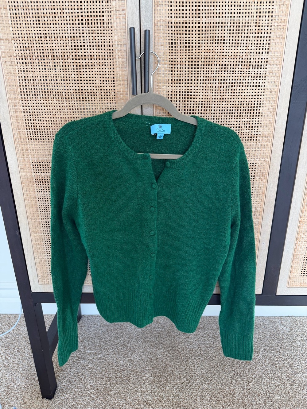 CeCe Forest Green Button-Up Crewneck Cardigan